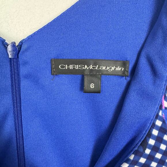 Chris McLaughlin | Blue White Checker Pink Floral Ruffle V-Neck Cap Sleeve Dress - Picture 10 of 12